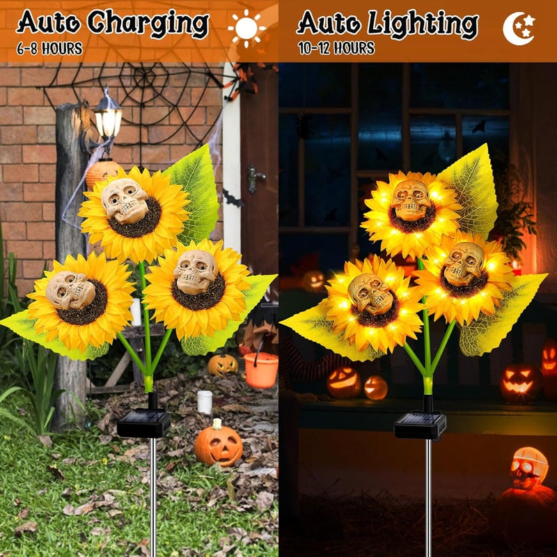 SANDECO Halloween Decorations Outdoor, 4 Pack Solar Scary Skull Sunflowers Lights,Waterproof Solar Flowers Lights Garden Decor for Halloween Yard Patio Lawn Party Decor - Image 3